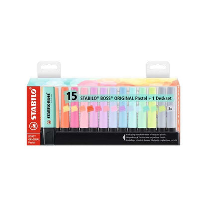 Pack de 15 Stabilo Boss ORIGINAL PASTEL + soporte escritorio